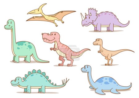 Illustration for Set of cute cartoon dinosaurs in pastel colours. - Royalty Free Image