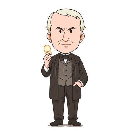Cartoon character of Thomas Edison holding a light bulb.