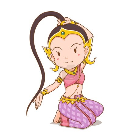 Illustration for Cartoon character of Thai earth goddess wringing the water from her hair. - Royalty Free Image