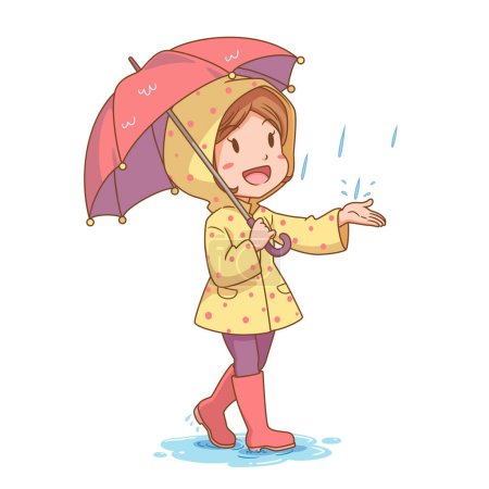 Ilustración de Personaje de dibujos animados de niña con impermeable con paraguas. - Imagen libre de derechos