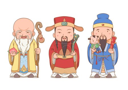 Ilustración de Personaje de dibujos animados de los tres dioses afortunados en la mitología china. Fu Lu Shou.. - Imagen libre de derechos
