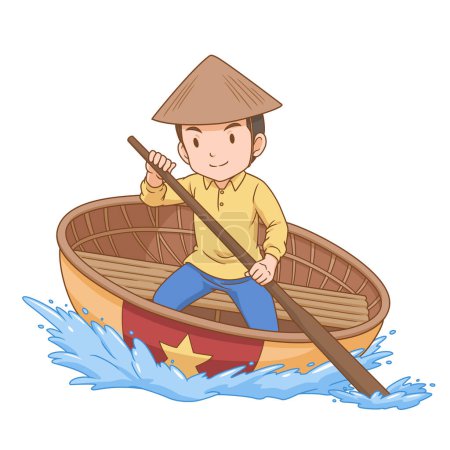 Karikaturist beim Rudern eines Korbbootes aus Bambus, das in Vietnam zu einem runden Boot verwoben ist.