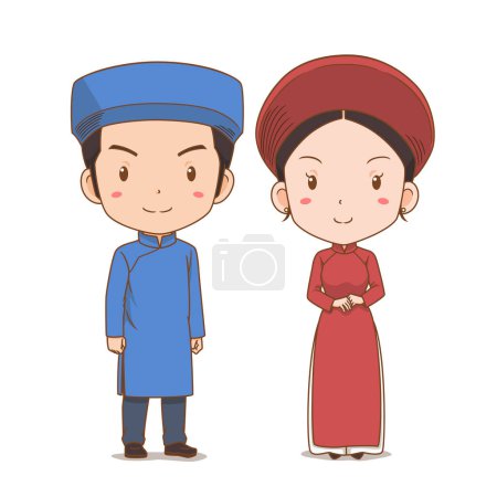 Téléchargez les illustrations : Couple mignon de personnages de dessins animés dans le costume national du Vietnam. - en licence libre de droit