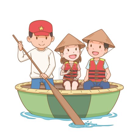 Illustration de dessin animé de touristes chevauchant panier bateau qui est faite de bambou tissé. Tourisme au Vietnam.