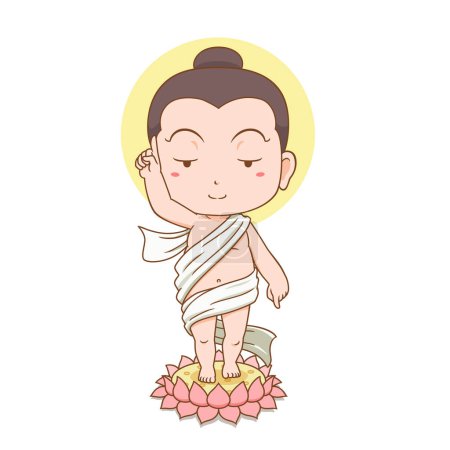 El bebé Buda caminaba con flores de loto apoyando sus pies. Señala su dedo hacia el cielo y hacia el suelo.
