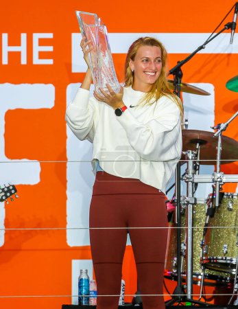 Photo for MIAMI GARDENS, FLORIDA - APRIL 1, 2023: Petra Kvitova of Czech Republic poses with the champions trophy after defeating Elena Rybakina in the women's singles final match at 2023 Miami Open - Royalty Free Image