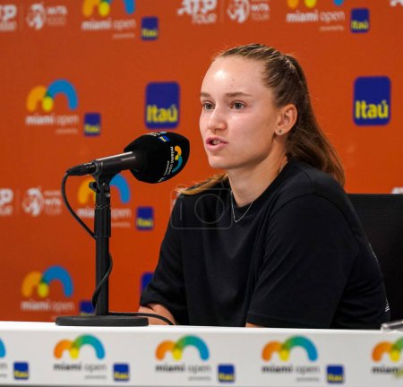 Photo for MIAMI GARDENS, FLORIDA - APRIL 1, 2023: Finalist Elena Rybakina of Kazakhstan during press conference after loss in the women's singles final match against Petra Kvitova of Czech Republic at 2023 Miami Open at the Hard Rock Stadium in Miami Gardens - Royalty Free Image