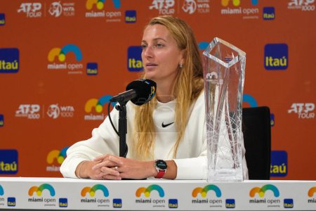 Photo for MIAMI GARDENS, FLORIDA - APRIL 1, 2023: Petra Kvitova of Czech Republic with the champions trophy during press conference after defeating Elena Rybakina in the women's singles final match at 2023 Miami Open at the Hard Rock Stadium in Miami Gardens - Royalty Free Image