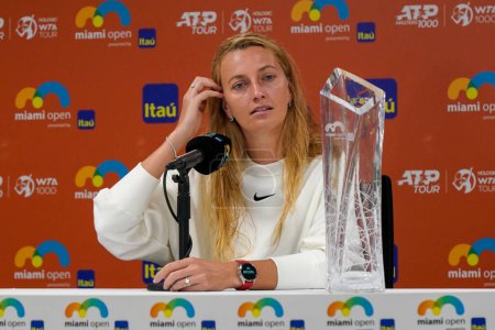 Photo for MIAMI GARDENS, FLORIDA - APRIL 1, 2023: Petra Kvitova of Czech Republic with the champions trophy during press conference after defeating Elena Rybakina in the women's singles final match at 2023 Miami Open at the Hard Rock Stadium in Miami Gardens - Royalty Free Image