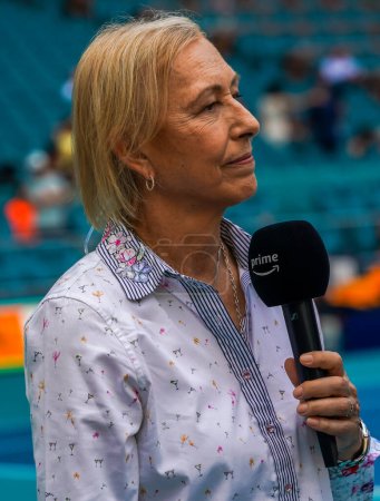 Photo for MIAMI GARDENS, FLORIDA - APRIL 2, 2023: Czech-American former professional tennis player  and TV analyst Martina Navratilova during on court interview with Daniil Medvedev after men's singles final match at 2023 Miami Open - Royalty Free Image