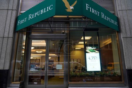 Photo for NEW YORK - MAY 4, 2023: First Republic Bank located at 443 Park Ave South in Midtown Manhattan. On May 1, 2023, as part of the 2023 banking crisis, the FDIC announced that First Republic had been closed and sold to JP Morgan Chase - Royalty Free Image