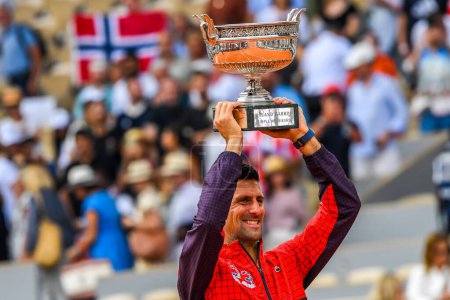 Photo for PARIS, FRANCE - JUNE 11, 2023: 2023 Roland Garros Champion Novak Djokovic of Serbia during trophy presentation after men singles final match against Casper Ruud of Norway at Court Philippe Chatrier in Paris, France - Royalty Free Image