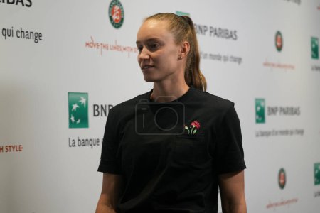 Photo for PARIS, FRANCE - MAY 30, 2023: Professional tennis player Elena Rybakina of Kazakhstan during press conference after first round match against Brenda Fruhvirtova of Czech Republic at 2023 Roland Garros in Paris, France - Royalty Free Image