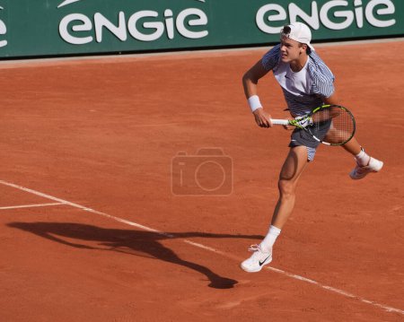 Photo for PARIS, FRANCE - MAY 30, 2023: Professional tennis player Holger Rune of Denmark in action during men singles first round match against Christopher Eubanks of United States at 2023 Roland Garros in Paris, France - Royalty Free Image