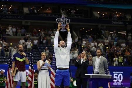 Photo for NEW YORK - SEPTEMBER 10, 2023: 2023 US Open Champion Novak Djokovic of Serbia during trophy presentation after Men's Singles Final Match against Daniil Medvedev of Russia at the USTA Billie Jean King National Tennis Center in New York - Royalty Free Image