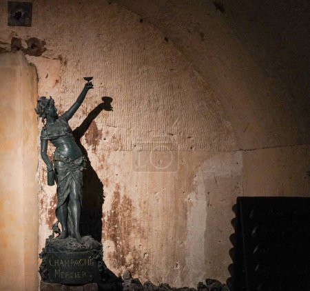 Foto de EPERNAY, FRANCIA - 27 DE MAYO DE 2022: Escultura en el interior de las bodegas de Champagne Mercier accesibles en tren sin conductor en Epernay, Francia - Imagen libre de derechos