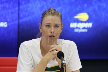 Photo for NEW YORK - SEPTEMBER 1, 2018: Professional tennis player Maria Sharapova of Russia during press conference after her 2018 US Open round of 32 match at Billie Jean King National Tennis Center - Royalty Free Image