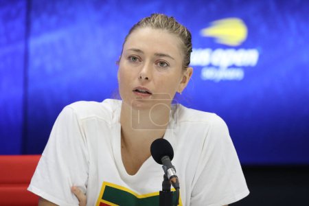 Photo for NEW YORK - SEPTEMBER 1, 2018: Professional tennis player Maria Sharapova of Russia during press conference after her 2018 US Open round of 32 match at Billie Jean King National Tennis Center - Royalty Free Image