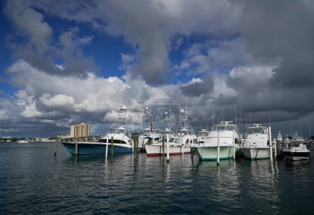 Téléchargez les photos : PALM BEACH SHORES, FLORIDE - 8 NOVEMBRE 2023 : Voiliers et yachts à la marina de Sailfish, qui abrite une flotte mondialement connue de yachts de pêche sportive de luxe et un accostage favori dans les plages de Palm, Floride - en image libre de droit