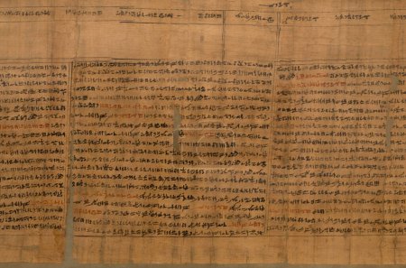 Cairo, Egypt - 09.12.2019. Papyrus. Egyptian hieroglyphs.  The document is an early form of an ancient book. An archaeological find.