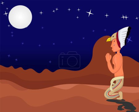 Illustration for Indian native american, Native American people are praying at night, when the moon is bright and the stars are scattered - Royalty Free Image