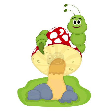 Ilustración de Cartoon illustration of a children's mushroom in the grass with a caterpillar - Imagen libre de derechos