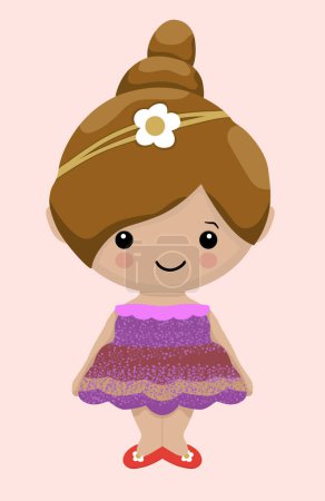 Téléchargez les illustrations : Mignon dessin animé princesse beaux cheveux, chaussures rouges et robe violette - en licence libre de droit