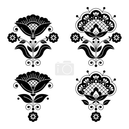 Illustration for Scandinavian floral folk art vector black and white design set with flowers, leaves and swirls inspired by traditional embroidery patterns - Royalty Free Image