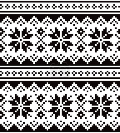 Illustration for Christmas winter vector seamless black and white pattern with snowflakes, inspired by Sami people, Lapland folk art design, traditional knitting and embroidery - Royalty Free Image