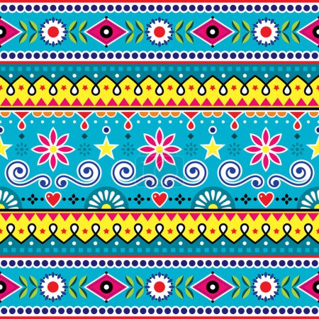 Illustration for Pakistani and Indian seamless vector pattern, jingle truck art design, colortful ornament with flowers and abstract shapes - Royalty Free Image