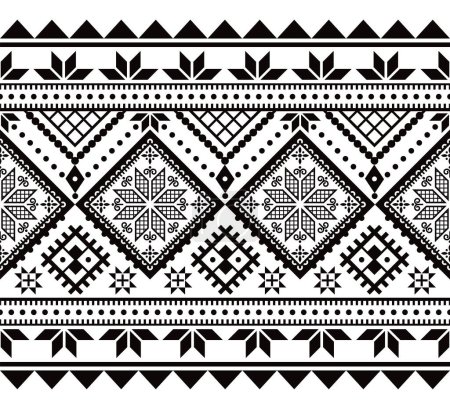 Motif vectoriel sans couture ukrainien - Hutsul Pysanky (oeufs de Pâques) design de style art populaire avec des étoiles et des formes géométriques en noir et blanc
