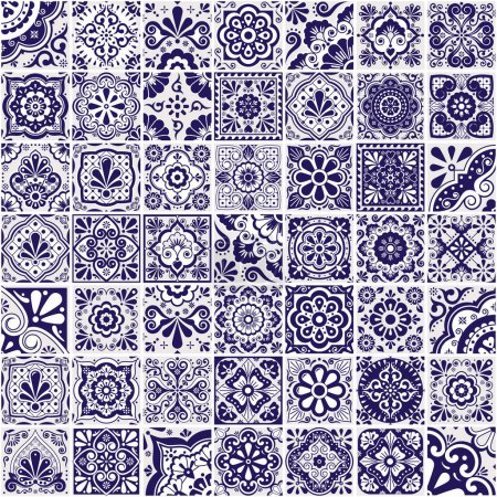 Illustration for Mexican talavera tiles vector seamless pattern- big 49 different navy blue design set, perfect for wallpaper, textile or fabric print - Royalty Free Image