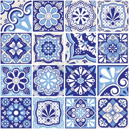 Illustration for Mexican talavera tiles big collection, decorative seamless vector pattern set with flowers, leaves ans swirls in navy blue - Royalty Free Image