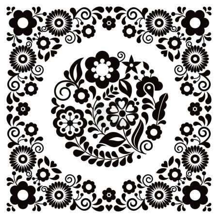 Téléchargez les illustrations : Style art folklorique mexicain vecteur motif floral rond dans le cadre, carte de vœux noir et blanc ou design d'invitation de mariage inspiré par la broderie traditionnelle du Mexique - en licence libre de droit