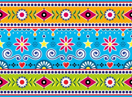 Patrón de vector inconsútil paquistaní e indio, diseño de arte de camión jingle, vibrante adorno horizontal largo con flores y formas abstractas 