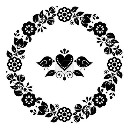 Téléchargez les illustrations : Carte de vœux ou invitation de mariage scandinave, vecteur d'art populaire nordique, motif suédois noir et blanc avec couronne florale, oiseaux et cœur - en licence libre de droit