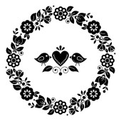 Scandinavian, Nordic folk art vector Valentine's Day greeting card or wedding invitation design, black and white Swedish pattern with floral wreath, birds and heart Mouse Pad 620386400