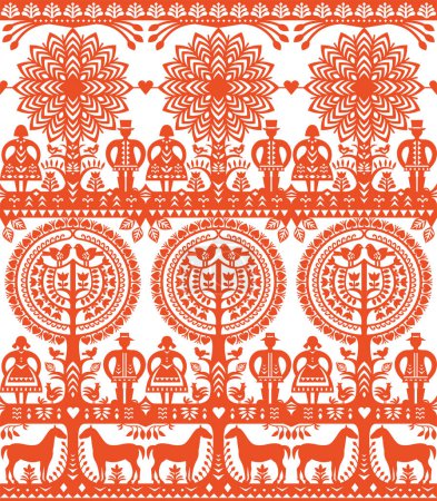 Ilustración de Patrón sin costura vector de arte popular polaco Wycinanki Kurpiowskie con hombres, mujeres, aves y caballos - Papel Kurpie recorta diseño repetitivo para impresión textil o fabri - Imagen libre de derechos