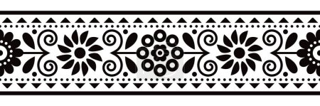 Illustration for Floral folk art vector seamless embroidery band or belt pattern inspired by traditional designs Lachy Sadeckie from Poland - black and white textile or fabric print ornament - Royalty Free Image