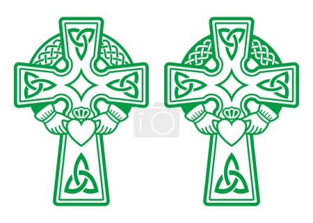 Illustration for Irish Celtic green cross with Claddagh ring - heart and hands vector design set - St Patrick's Day celebration in Ireland - Royalty Free Image