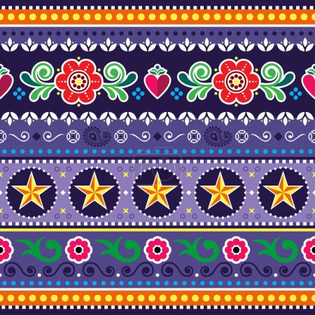 Téléchargez les illustrations : Pakistanais et indien jingle camion vecteur motif sans couture avec des cœurs, des étoiles et des fleurs, Diwali art populaire ornement coloré - en licence libre de droit