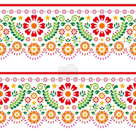 Téléchargez les illustrations : Modèle de style art populaire mexicain vectoriel sans couture avec des fleurs, des feuilles et des formes géométriques, design répétitif vibrant parfait pour l'impression papier peint, textile ou tissu - en licence libre de droit
