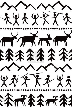 Ilustración de Prehostoric pinturas rupestres arte vector patrón sin fisuras con la gente, animales, montañas y el colchón, diseño primitivo inspirado en dibujos de piedra - Imagen libre de derechos