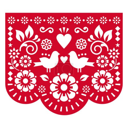 Téléchargez les illustrations : Décoration découpe papier Saint Valentin Papel Picado design vectoriel mexicain avec oiseaux, coeur et fleurs, fond rouge - en licence libre de droit
