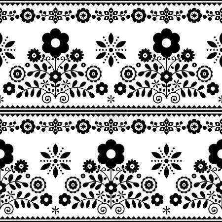 Téléchargez les illustrations : Motif d'impression textile ou tissu sans couture vectoriel d'art populaire floral avec des fleurs - Art populaire polonais Lachy Sadeckie en noir et blanc - en licence libre de droit
