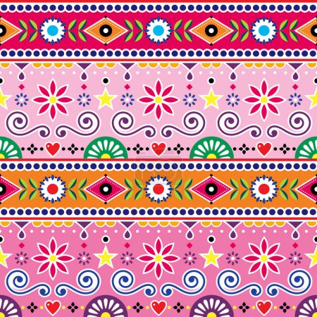 Illustration for Pakistani and Indian seamless vector pattern, jingle truck art design, pink and orange cute ornament with flowers and abstract shapes - Royalty Free Image