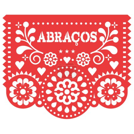Téléchargez les illustrations : Abracos (câlins en espagnol) Papel Picado vecteur carte de vœux design, Valentine's Day papier découpe décoration mexicaine, concept d'amour et de soutien - en licence libre de droit