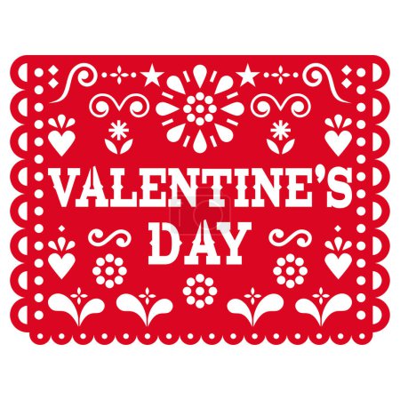 Valentine's Day Papel Picado - Mexican paper cutout decoration vector design, fiesta decoration garland
