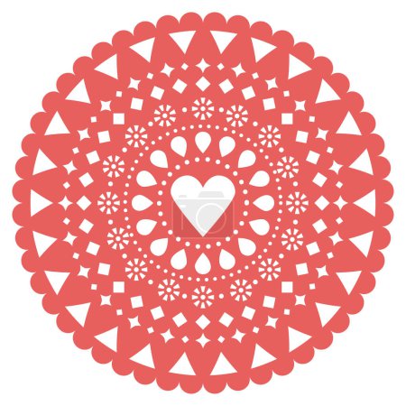 Téléchargez les illustrations : Amour, Valentine's Day papier découpe rond mandala décoration Papel Picado vecteur design rouge avec coeur et fleurs, guirlande de fête mexicaine - en licence libre de droit