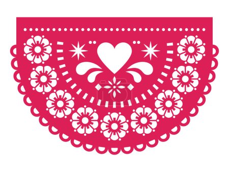 Téléchargez les illustrations : Décoration découpe papier Saint-Valentin Papel Picado vecteur demi cercle design avec coeur et fleurs, guirlande de fête mexicaine - en licence libre de droit